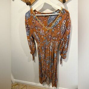 ABEL THE LABEL Paisley Feather Print Hi Low Midi Dress With Tie- Size M